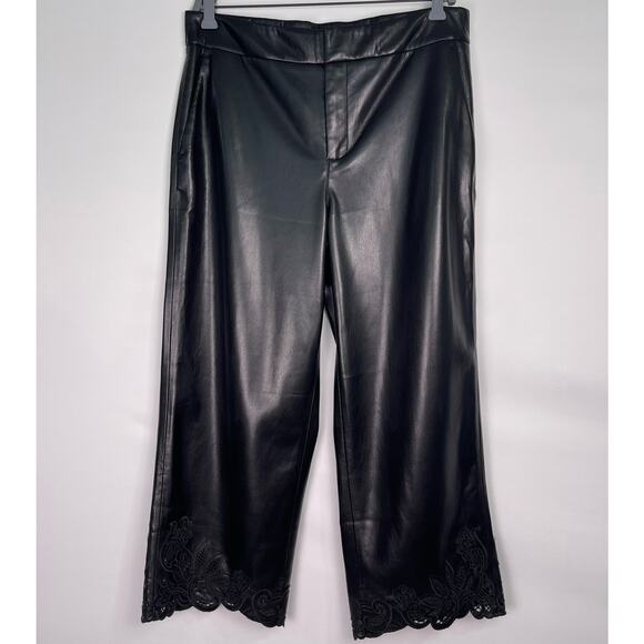 Chico’s Black Faux Leather Lace Hem Cropped Trousers Pants Size 10 Petite - Picture 3 of 13